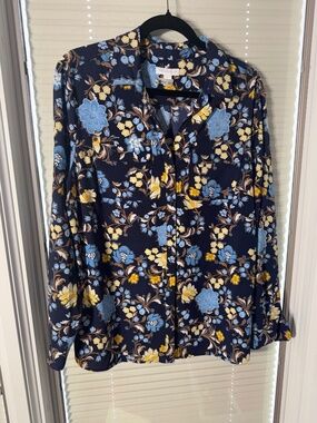 Charter Club Navy Floral Blouse L | Button Front Lightweight Top Blue Yellow
